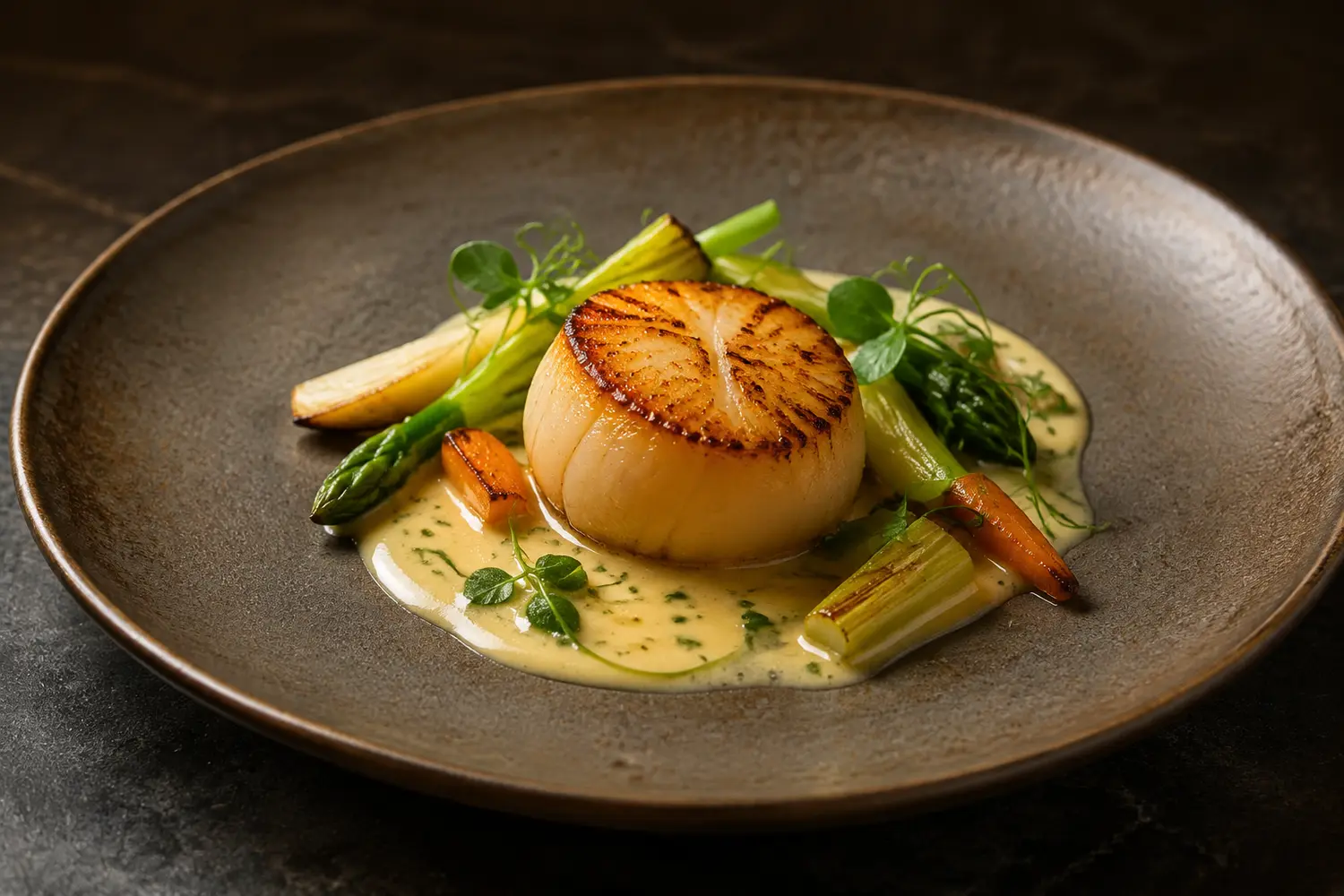 Saint-Jacques et légumes de saison, assiette signature de Maison Éclipse